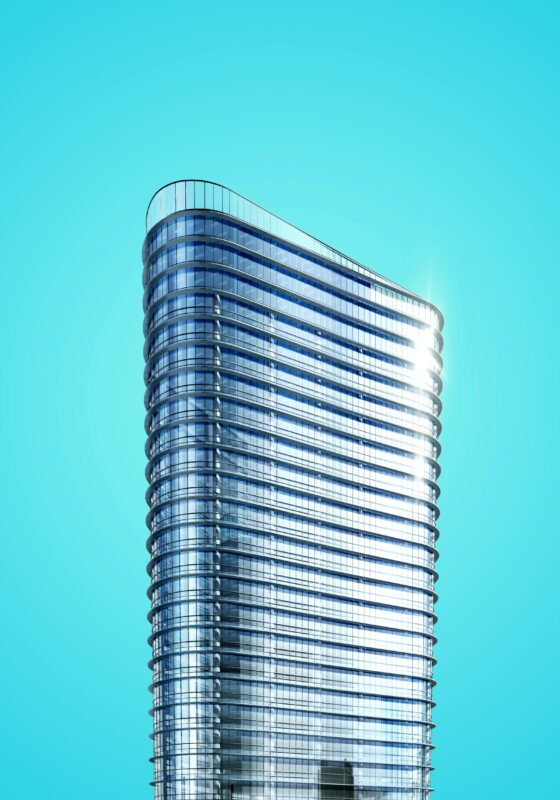 futuristic building with a blue sky